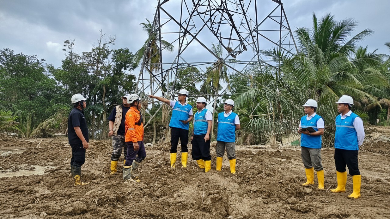 Tim PLN beraktivitas di area tower SUTT yang rusak, bekerja di medan berlumpur untuk pemulihan listrik Aceh Cess.