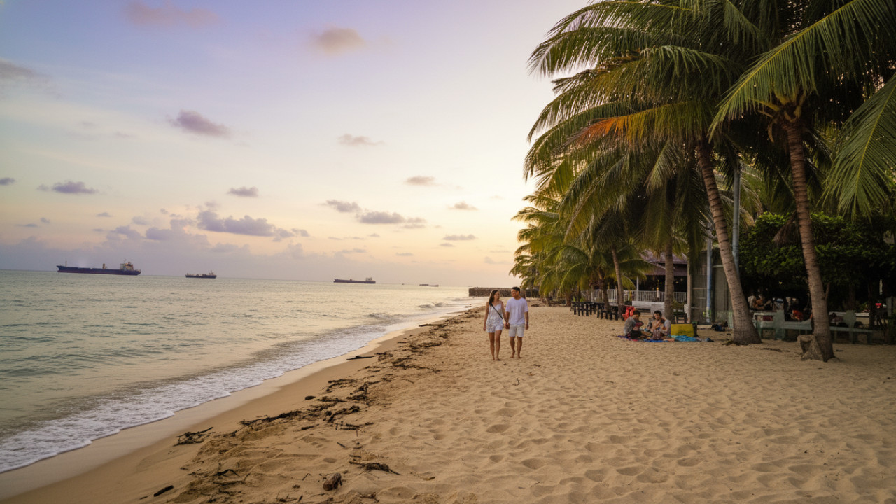 Suasana Kemala Beach & Resto dengan meja makan menghadap langsung ke Pantai Kemala, lengkap dengan pemandangan senja dan ombak lembut yang jadi daya tarik utama.