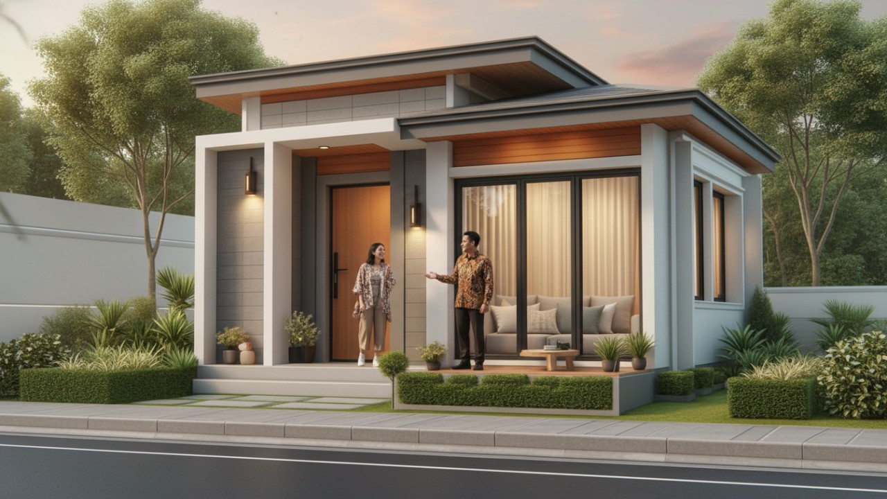 Tampilan rumah minimalis tropis modern dengan bukaan lebar, material alami, dan ruang terbuka yang adem.
