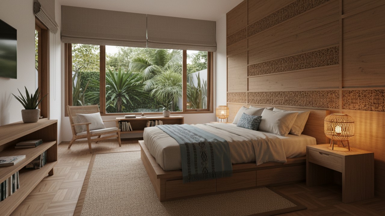 Tampilan kamar tidur minimalis 2026 dengan warna netral, material kayu, dan pencahayaan lembut yang menenangkan.