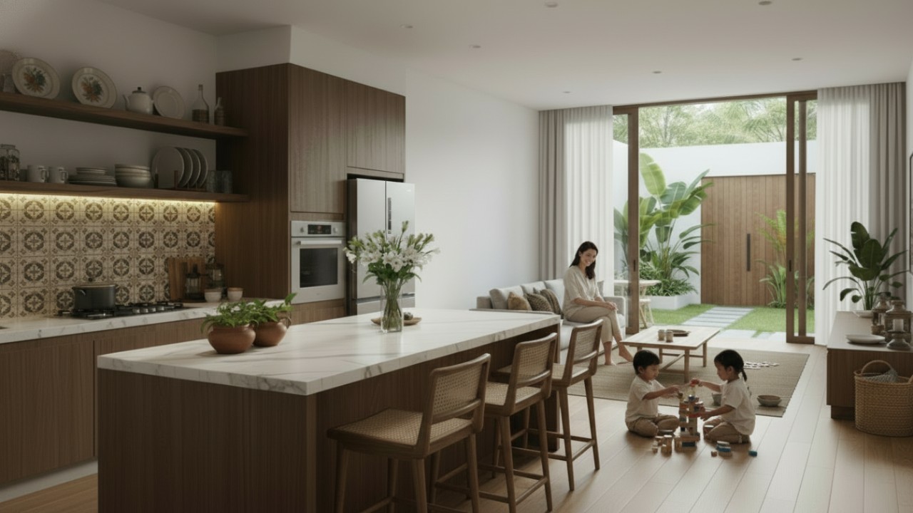 Dapur minimalis 2026 dengan garis bersih, kabinet rata, dan material modern yang menyatu dengan ruang keluarga.