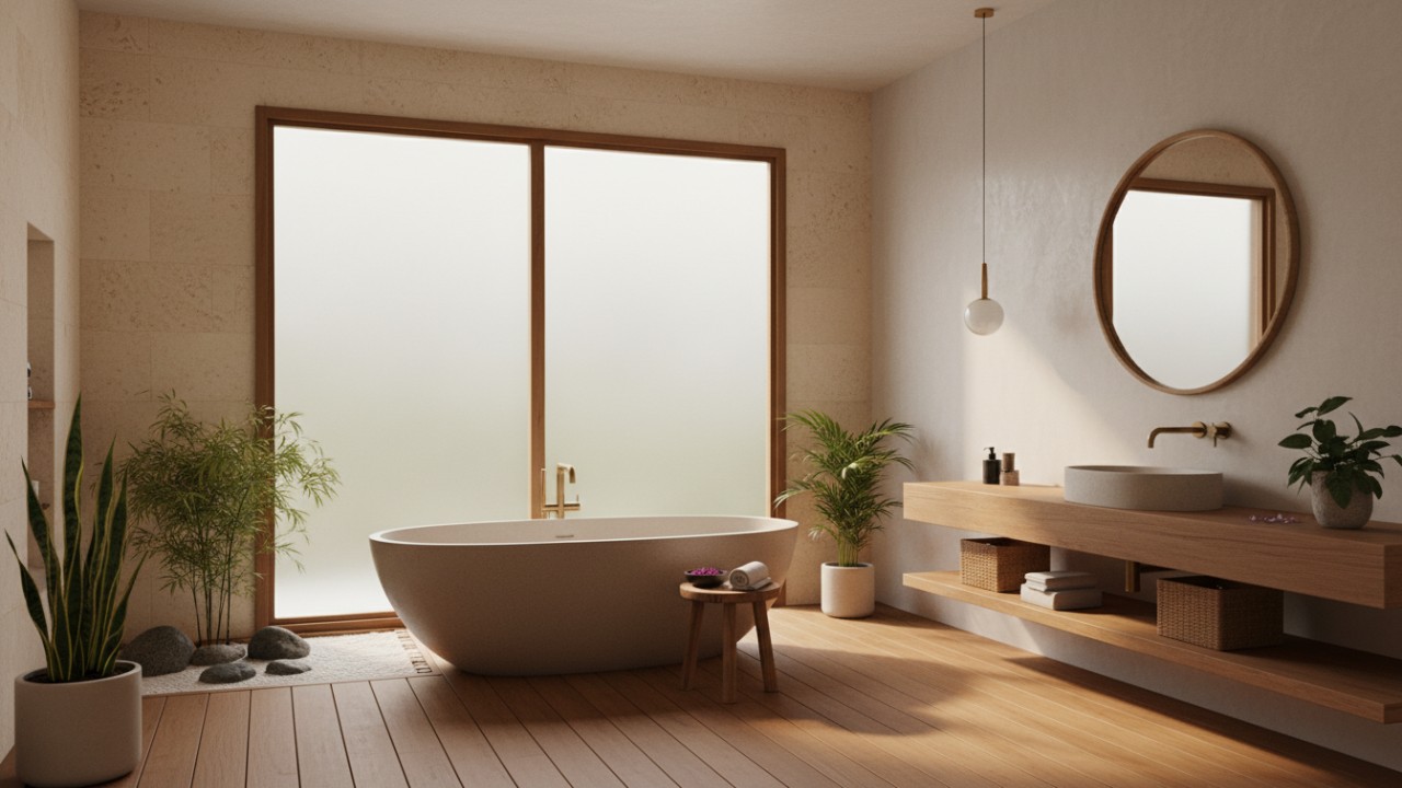 Kamar mandi minimalis 2026 dengan warna netral hangat, pencahayaan lembut, dan material alami yang menenangkan.