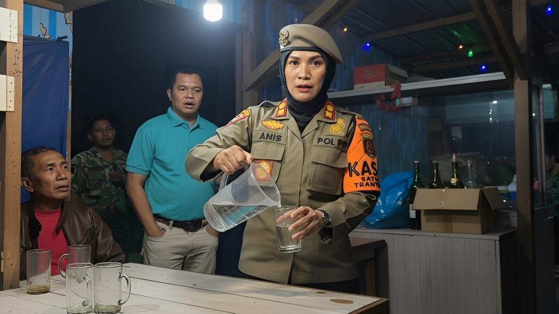 Kasatpol PP Kota Samarinda Anis Siswantini melakukan razia minuman keras di salah satu kafe di Samarinda, Minggu (14 Desember 2025).
