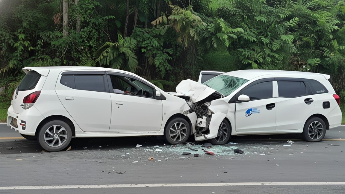 Dua mobil ringsek setelah terlibat kecelakaan di Jalan Poros Bontang&ndash;Samarinda, Minggu (14 Desember 2025).