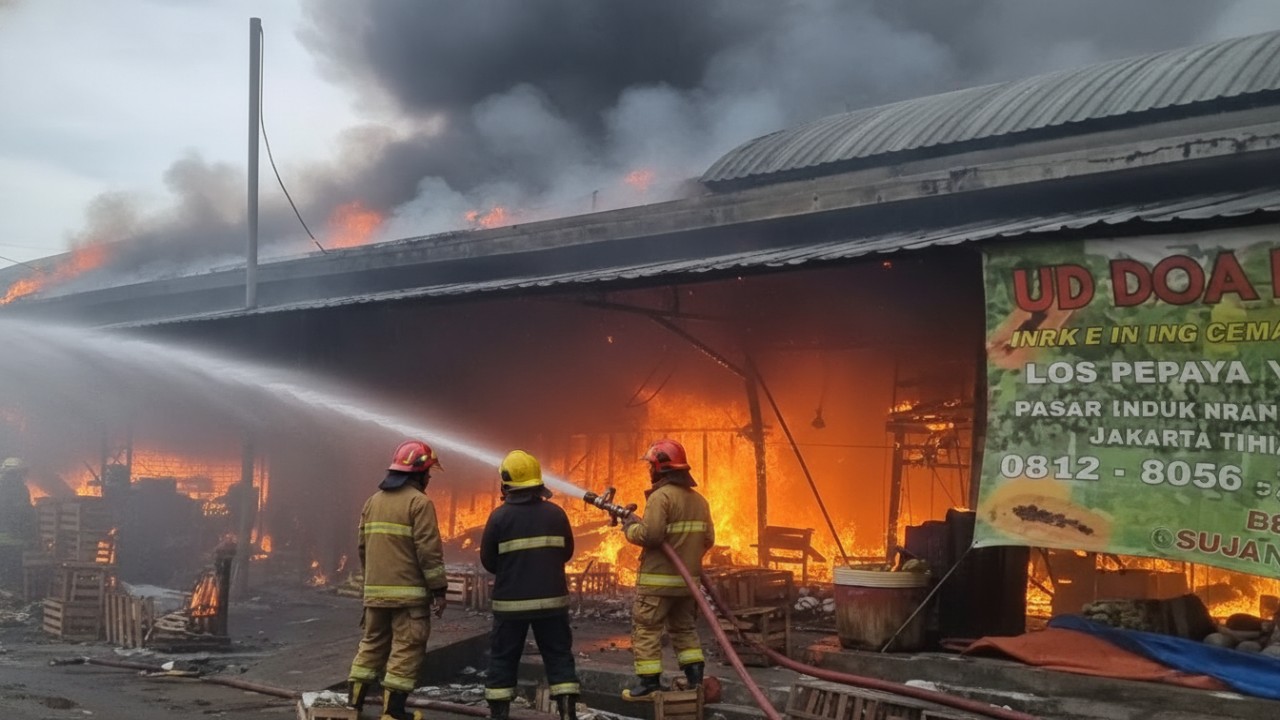 Asap hitam tebal membubung dari los pepaya Pasar Induk Kramat Jati saat petugas damkar berjibaku memadamkan api.