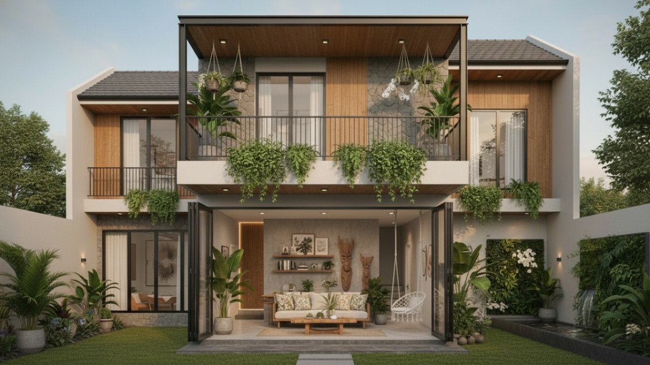 Tampilan rumah minimalis biofilik dengan ruang tamu yg dapat dibuka luas, tanaman hijau, dan cahaya alami yang menenangkan.