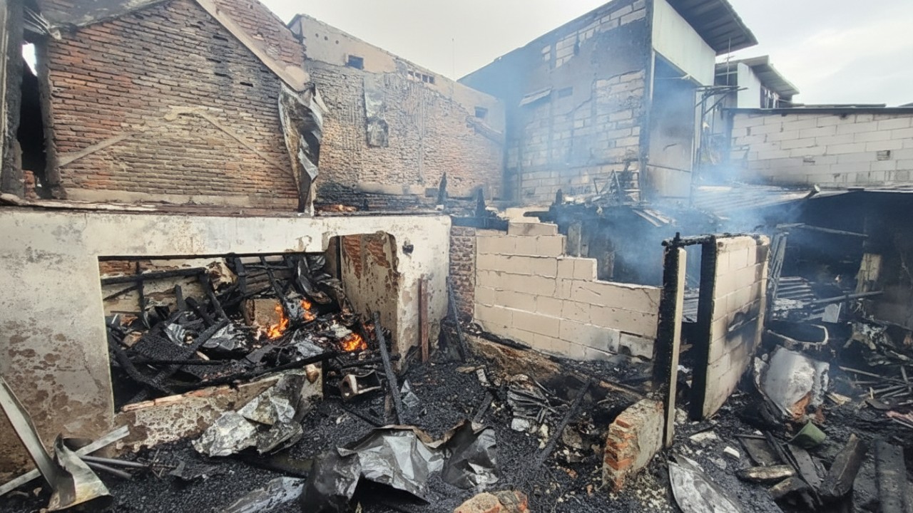 Sisa Asap dari proses pendinginan rumah warga di Grogol Jakarta Barat yang terbakar.
