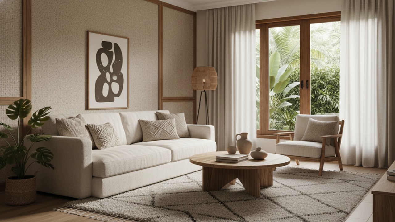 Interior rumah minimalis monokrom hangat dengan dinding broken white, tekstur kayu terang, dan cahaya lembut yang menenangkan