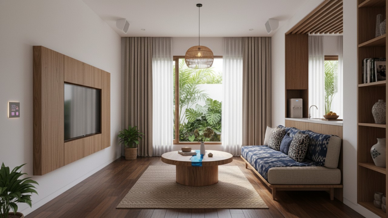 Interior rumah minimalis modern dengan desain bersih dan teknologi tersembunyi yang mendukung kenyamanan.