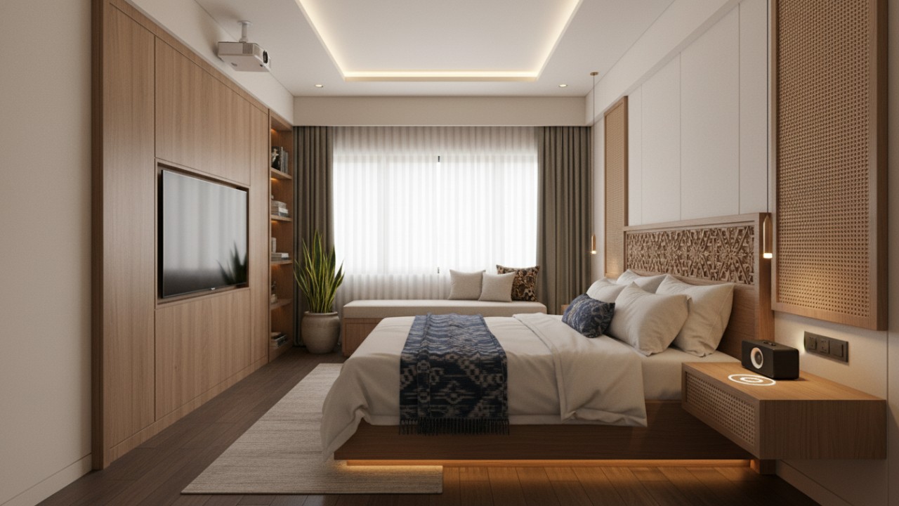 Interior rumah minimalis modern dengan desain bersih dan teknologi tersembunyi yang mendukung kenyamanan.