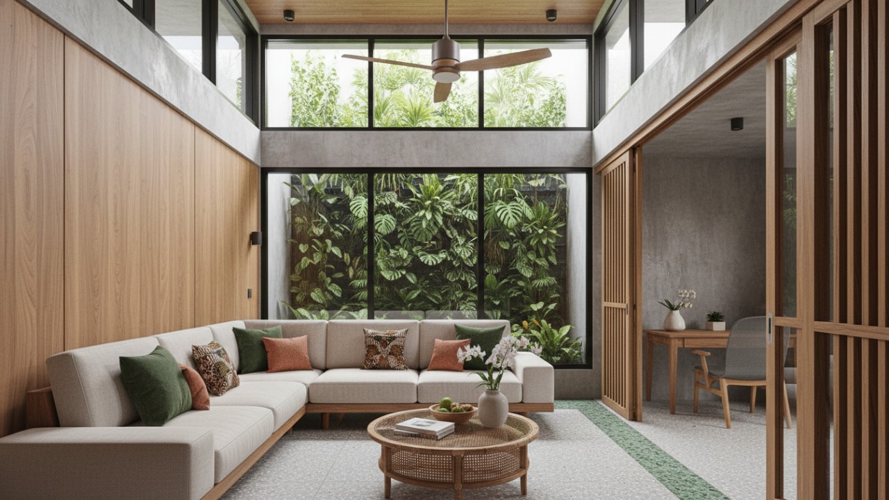 Tampilan rumah minimalis tropis urban dengan atap lebar, dan ventilasi alami yang teduh dan adaptif.