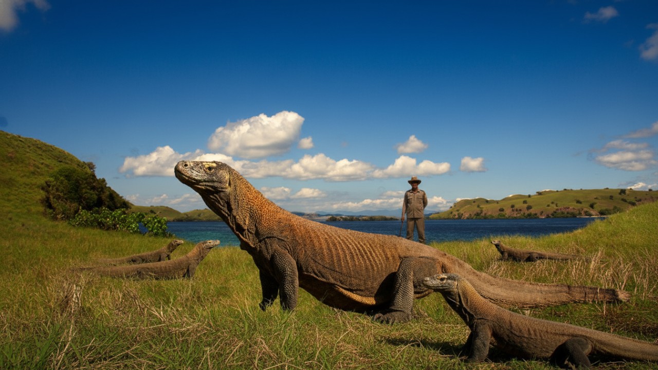 Bentang alam Pulau Komodo dengan perbukitan terbuka dan laut jernih yang menegaskan karakter wilayah timur Indonesia.