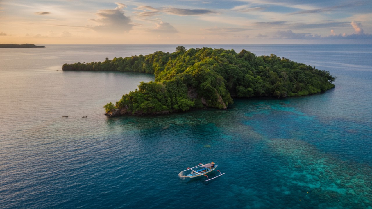 Bentang perairan Teluk Cenderawasih dengan laut biru tenang dan pulau kecil alami yang memikat perhatian.