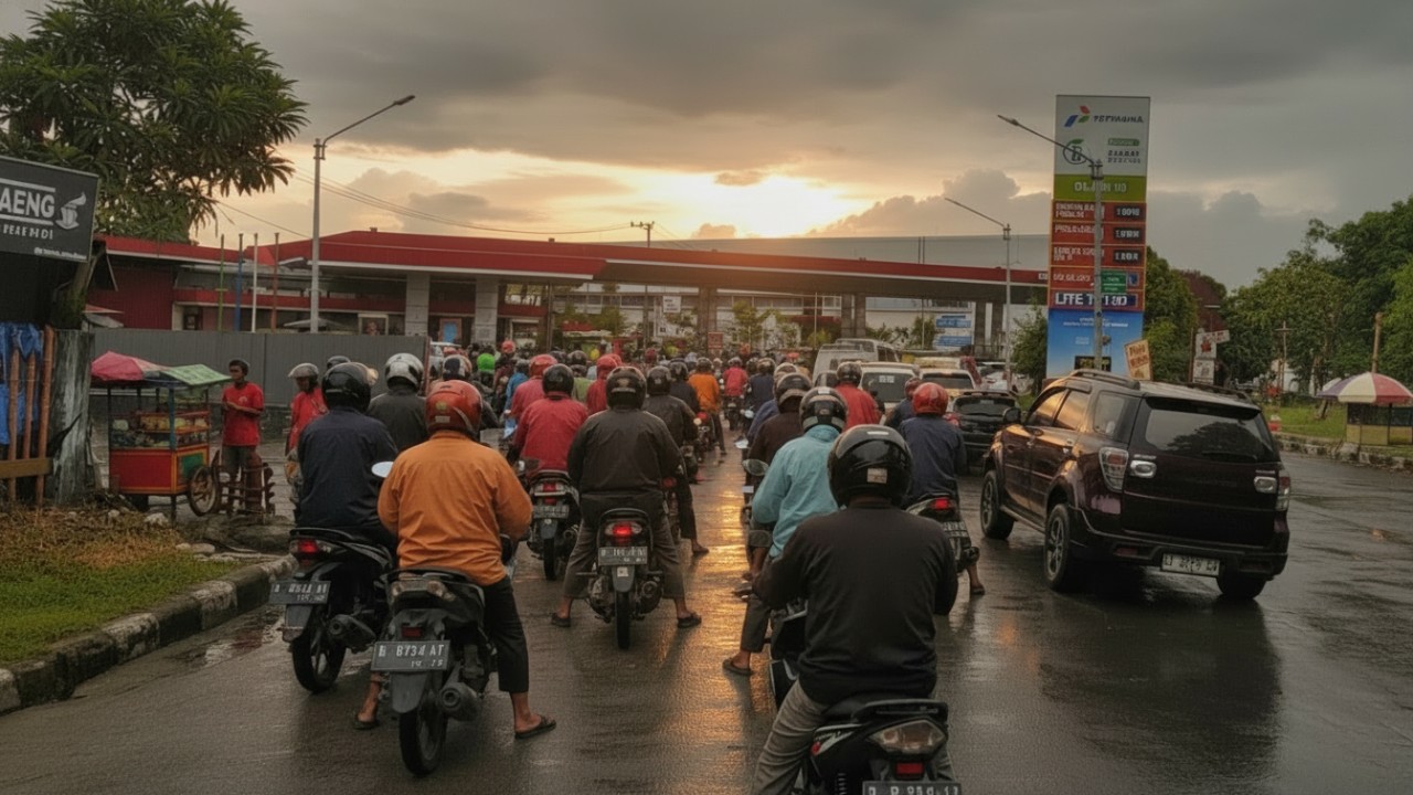 Warga mengantre BBM di salah satu SPBU di Balikpapan.