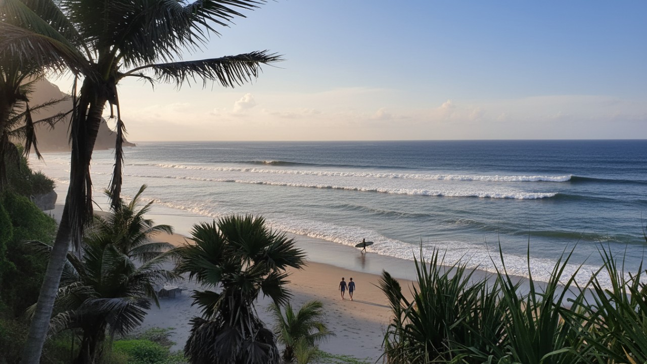 Hamparan pasir dan laut Pantai Parangtritis Yogyakarta dengan suasana terbuka yang mengundang orang untuk berhenti sejenak.