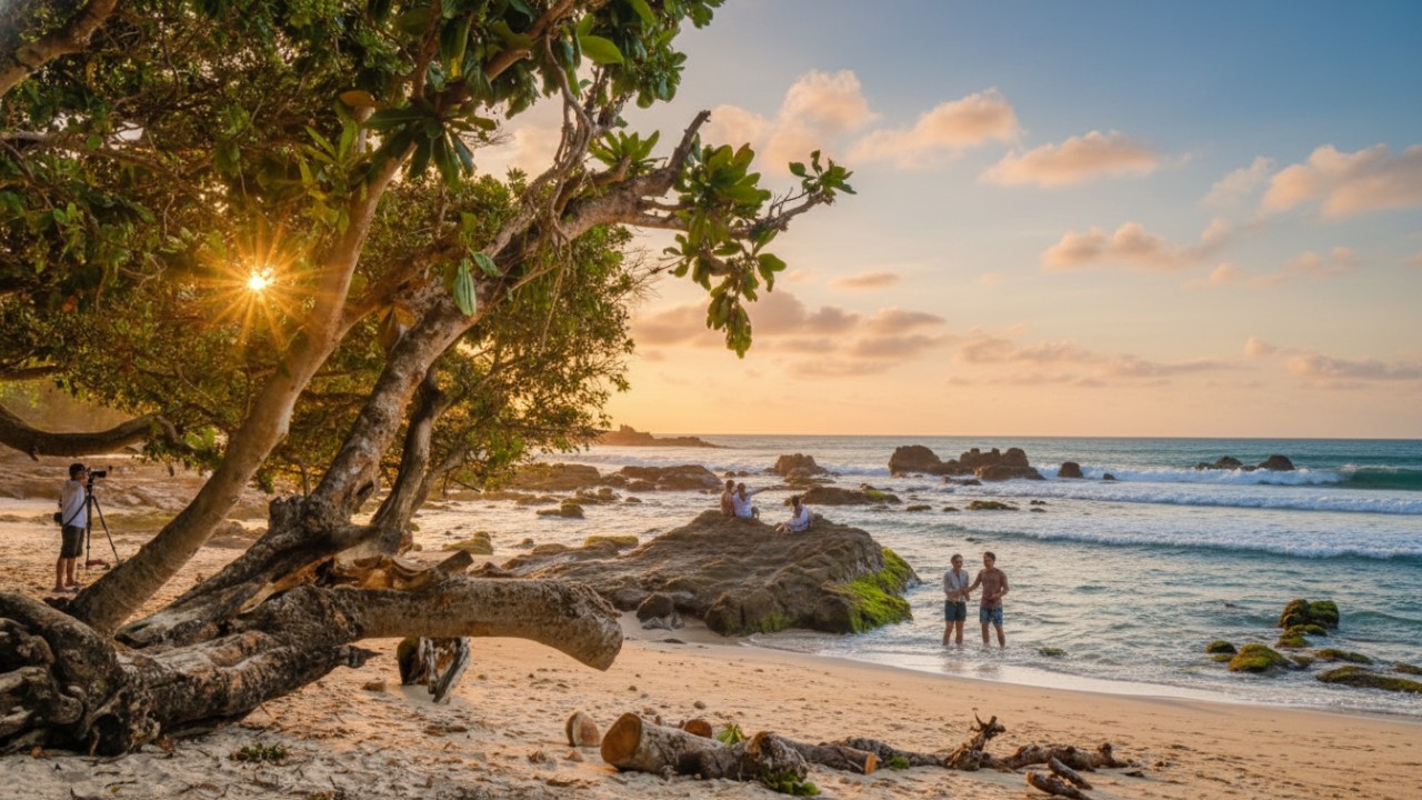 Pantai Wediombo Gunungkidul dengan pasir luas, karang alami, dan laut terbuka yang menenangkan.
