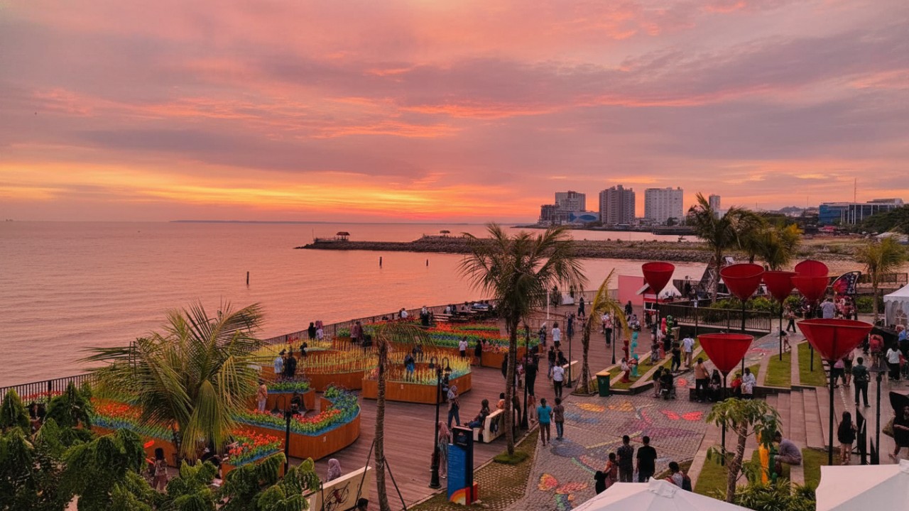 Suasana Pantai BSB menjelang malam, dipadati pengunjung yang menikmati panorama laut dan area hiburan.