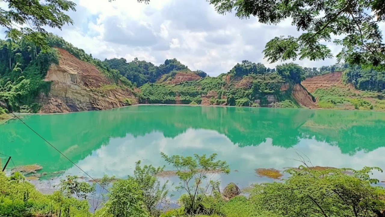 Telaga Biru Purwajaya dengan air biru jernih dan panorama alam tenang, potensi wisata desa Loa Janan yang terus berkembang.