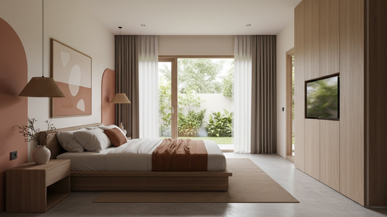 Kamar tidur monokrom natural dengan Teksture kayu terang, menghadirkan suasana hangat dan tenang sejak pandangan pertama.