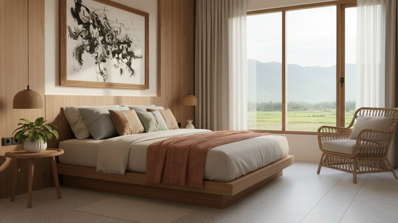 Desain Kamar Tidur Monokrom Natural yang Tahan Tren