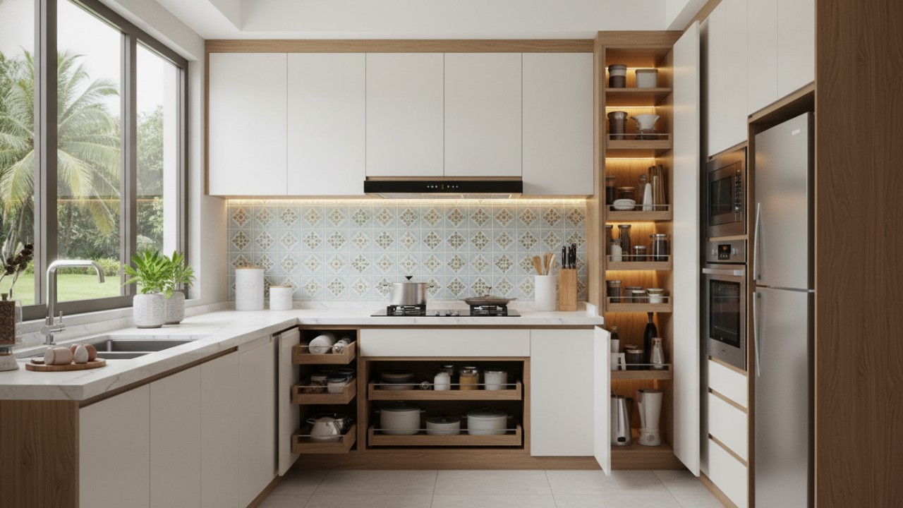 Tampilan dapur modern compact 2026 dengan lemari tinggi, desain bersih, dan penyimpanan presisi yang efisien.