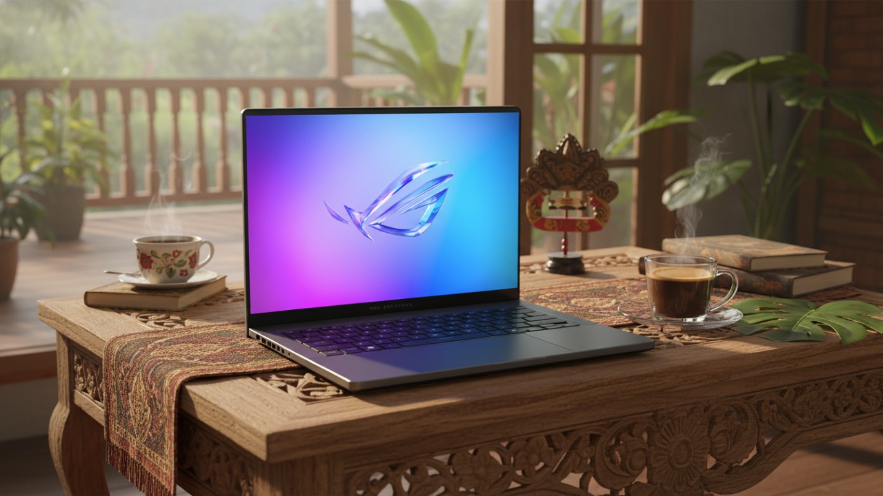 ASUS ROG Zephyrus G14 (2025) tampil ringkas dan modern, mencerminkan laptop mobilitas tinggi untuk aktivitas harian.