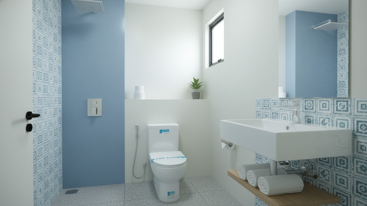 Tampilan kamar mandi modern dengan perlengkapan sanitasi hemat air yang bersih dan efisien, simbol desain cerdas 2026.
