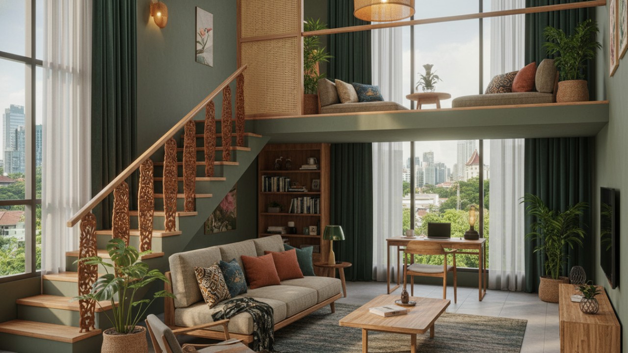 Mezzanine multifungsi dengan struktur ringan, railing transparan, dan pencahayaan alami di rumah compact modern.