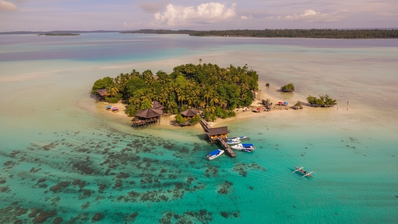 Hamparan laut jernih dan pasir cerah Pulau Sangalaki yang menghadirkan suasana tenang sejak pandangan pertama.