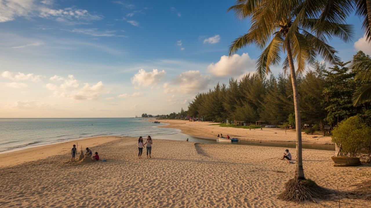 Bentang pasir dan laut di Pantai Manggar Segara Sari dengan aktivitas pengunjung yang santai dan alami.