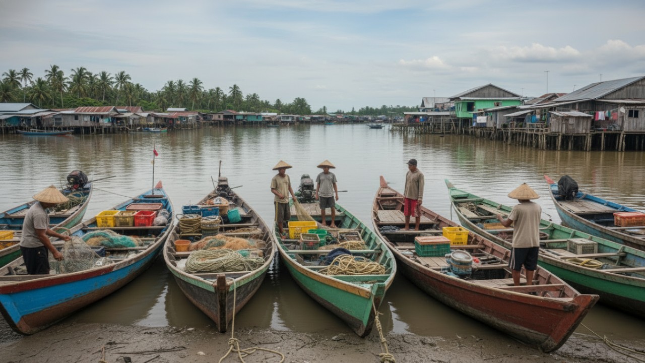 Aktivitas Nelayan dengan latar belakang kampung nelayan