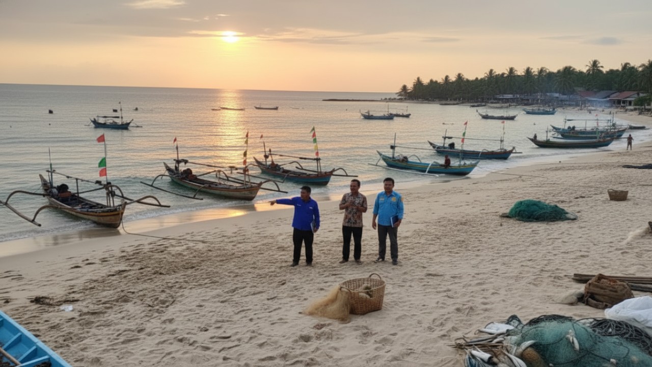 Tim Diskan PPU dan KKP melakukan survei lapangan di kawasan pesisir calon Kampung Nelayan Merah Putih dengan latar aktivitas nelayan.