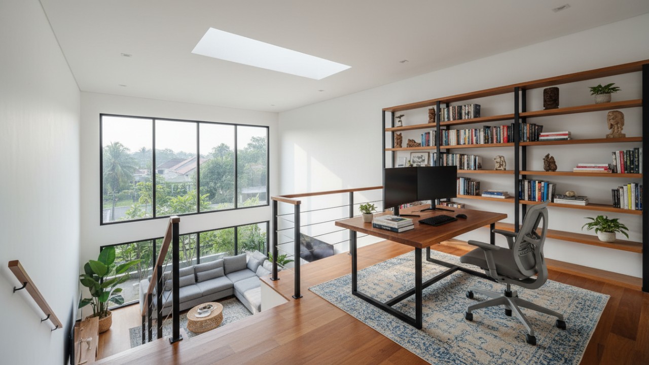 Area mezzanine minimalis sebagai ruang kerja dengan meja built-in dan pencahayaan alami yang tenang.