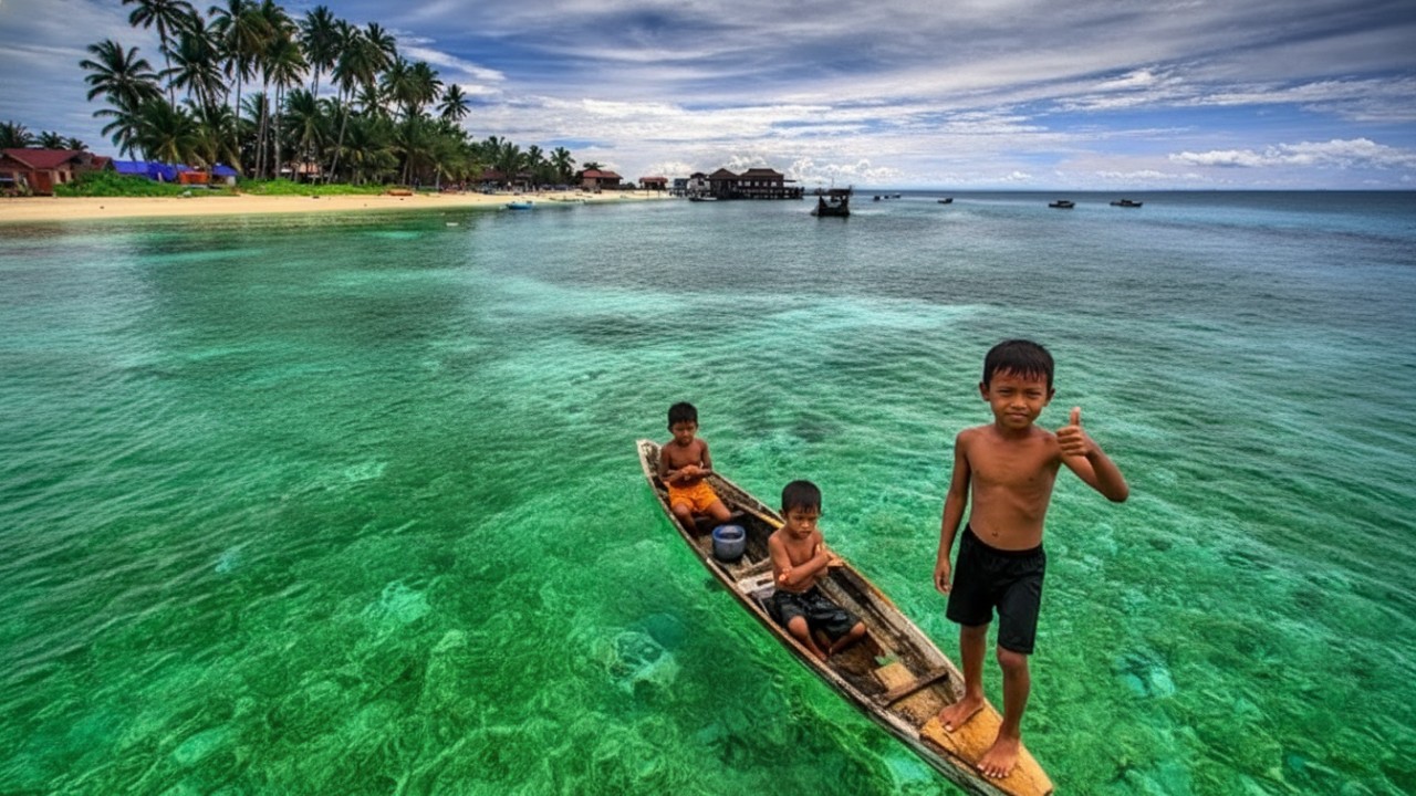 Hamparan pantai putih dan laut jernih Pulau Derawan dengan terumbu karang alami yang memikat mata.