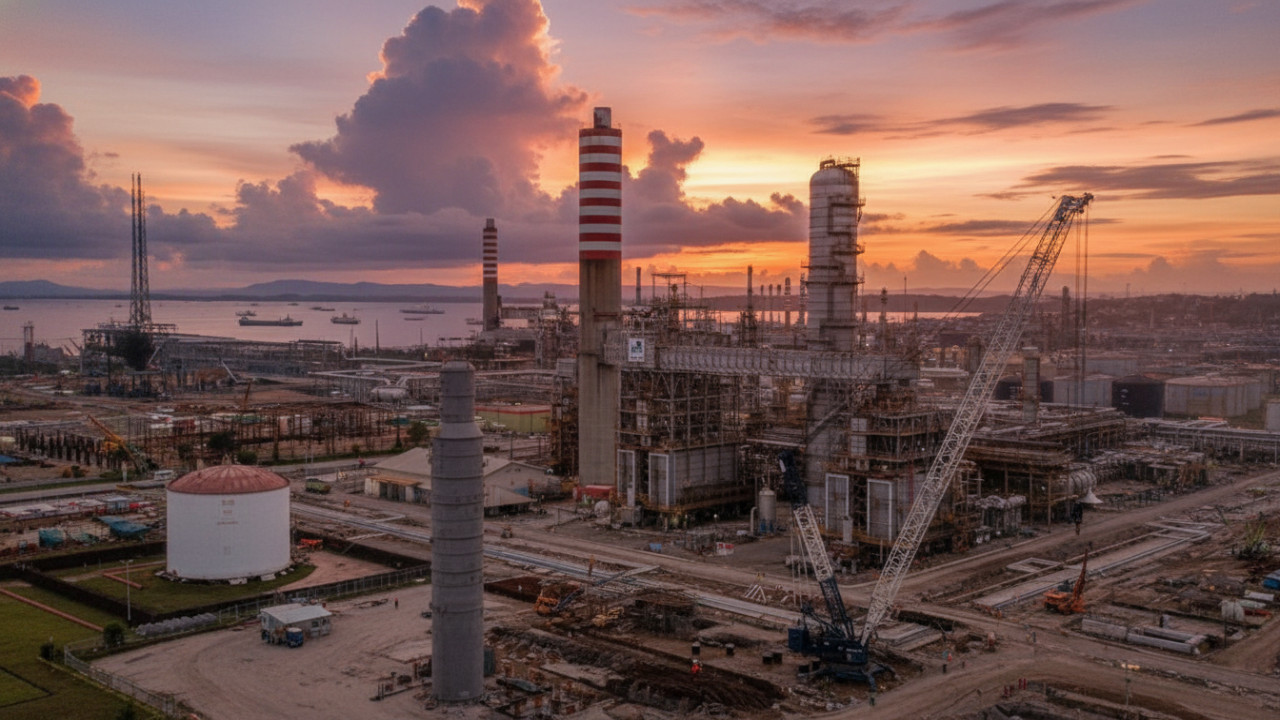 Pemandangan Kilang RDMP Balikpapan dengan struktur baja dan unit RFCC, simbol kesiapan energi nasional.
