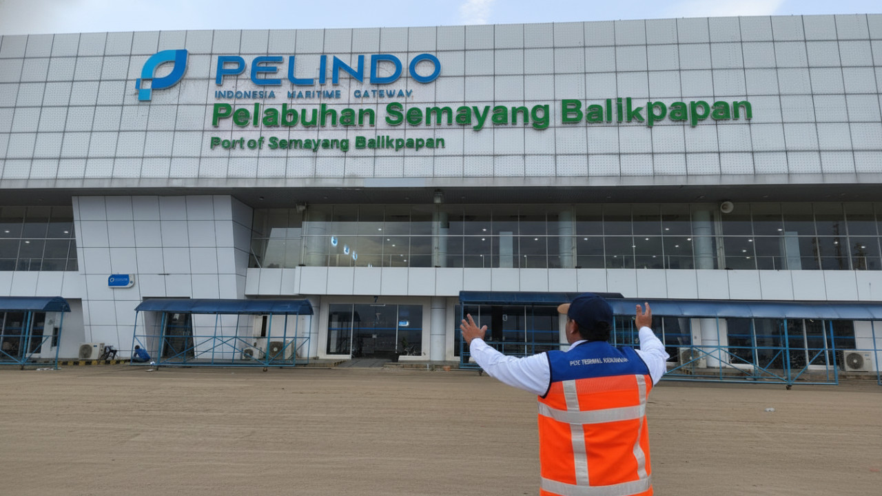 Deretan kendaraan dan kapal Ro-Ro di Pelabuhan Semayang Balikpapan yang menunjukkan padatnya aktivitas bongkar muat 2025.