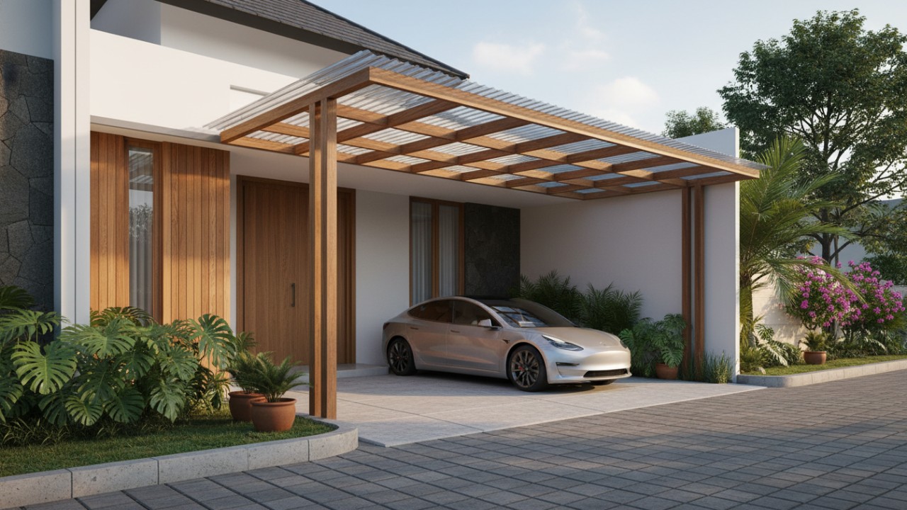 Garasi terbuka menawarkan fungsi dasar tanpa membebani desain rumah.