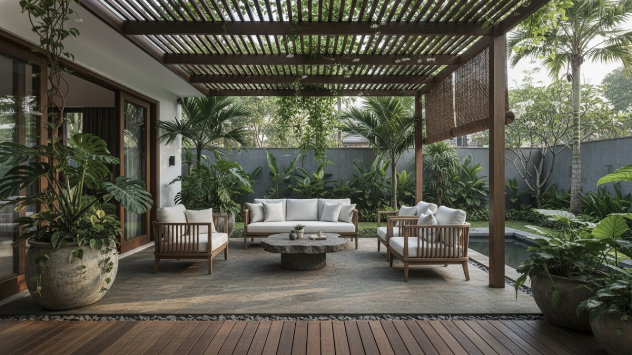 Teras rumah tropis modern dengan material kayu, tanaman hijau, dan pencahayaan alami yang sejuk dan fungsional.