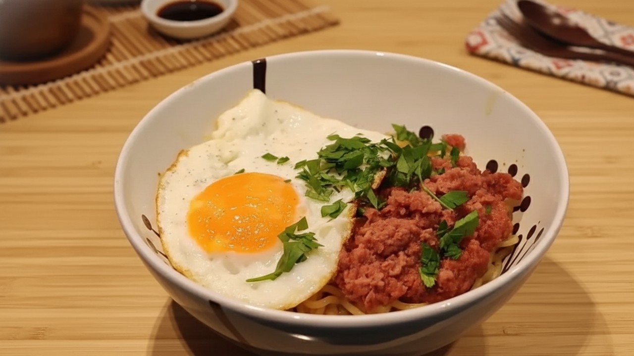 Semangkuk mie instan dengan topping kreatif, perpaduan warna dan tekstur yang menggoda sejak pandangan pertama.