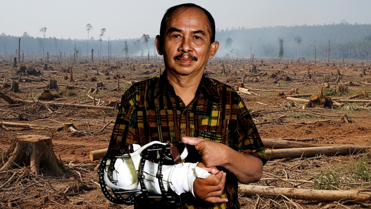 Potret hutan Kalimantan dan kayu gelondongan ilegal, simbol perjuangan Abi Kusno Nachran melawan perusakan alam.