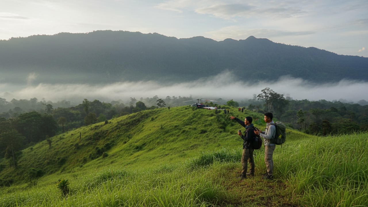 Hamparan ilalang hijau Bukit Sebui dengan kontur bukit membulat dan langit terbuka yang menenangkan.