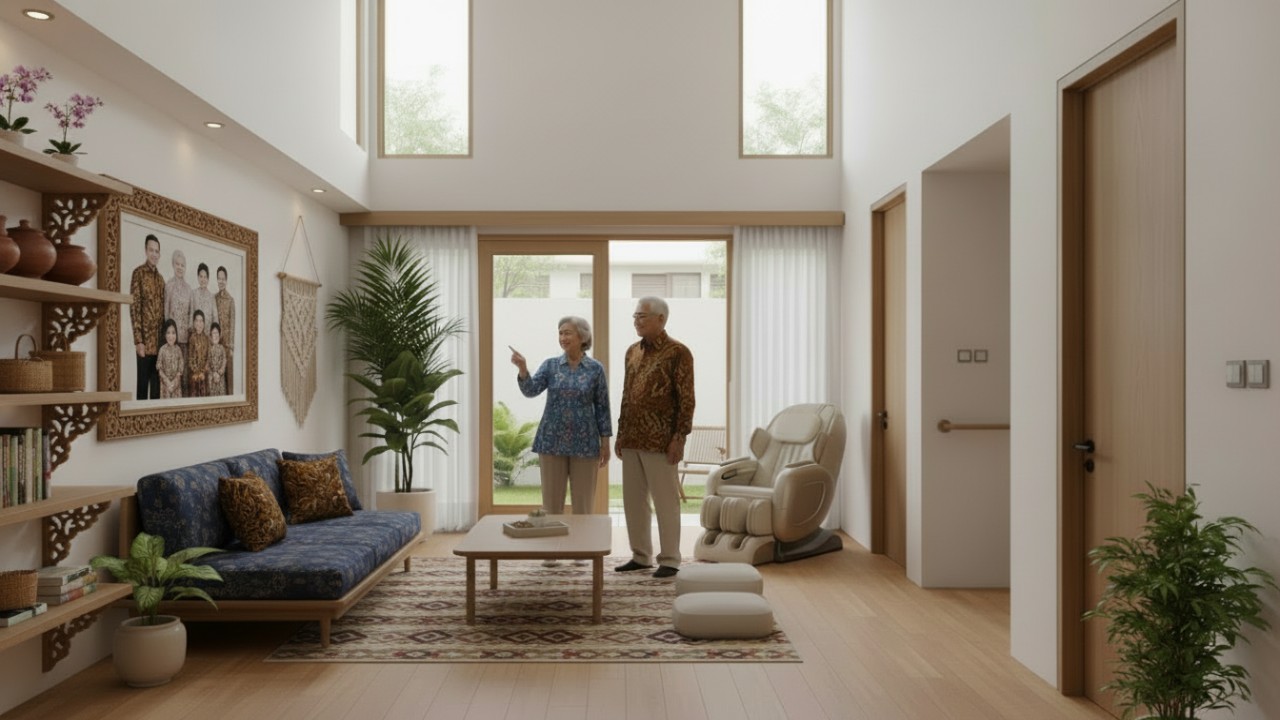 Interior rumah minimalis lansia dengan ruang terang, furnitur sederhana, dan detail ergonomis yang ramah gerak tubuh.