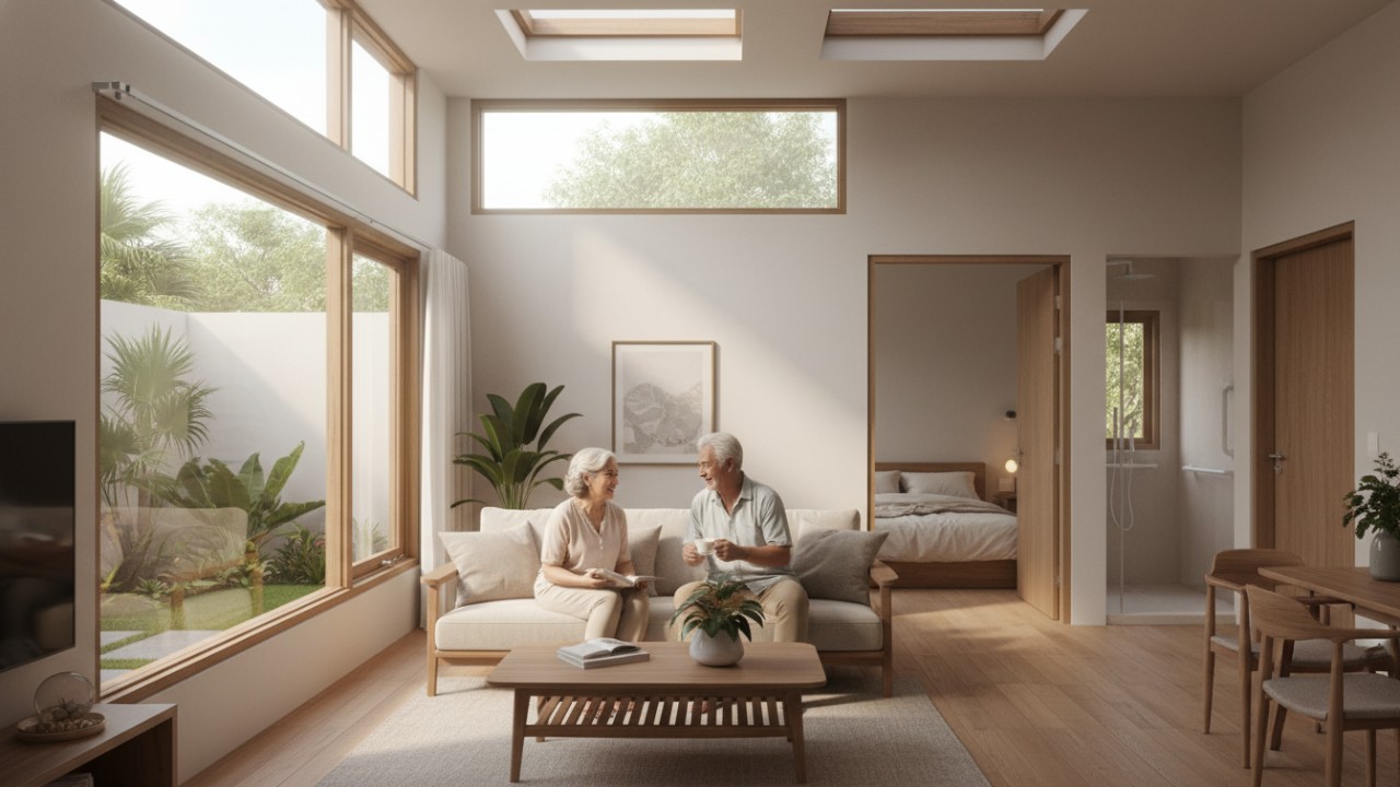 Cahaya alami masuk lembut melalui jendela rendah dan skylight di rumah minimalis lansia 2026, terasa hangat dan menenangkan.