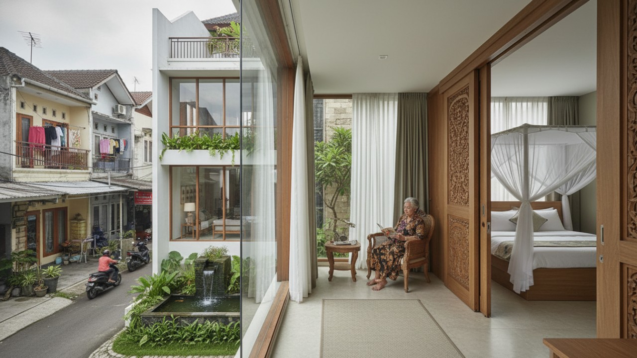 rumah minimalis urban dengan zona tenang, ruang lansia yang nyaman