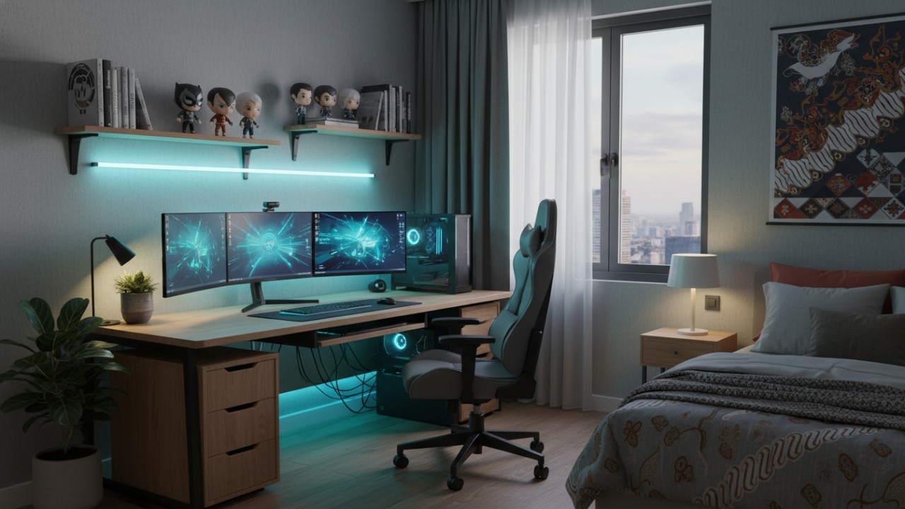 Kamar remaja laki-laki dengan meja gaming ergonomis, pencahayaan nyaman, dan penataan rapi yang mendukung aktivitas digital.
