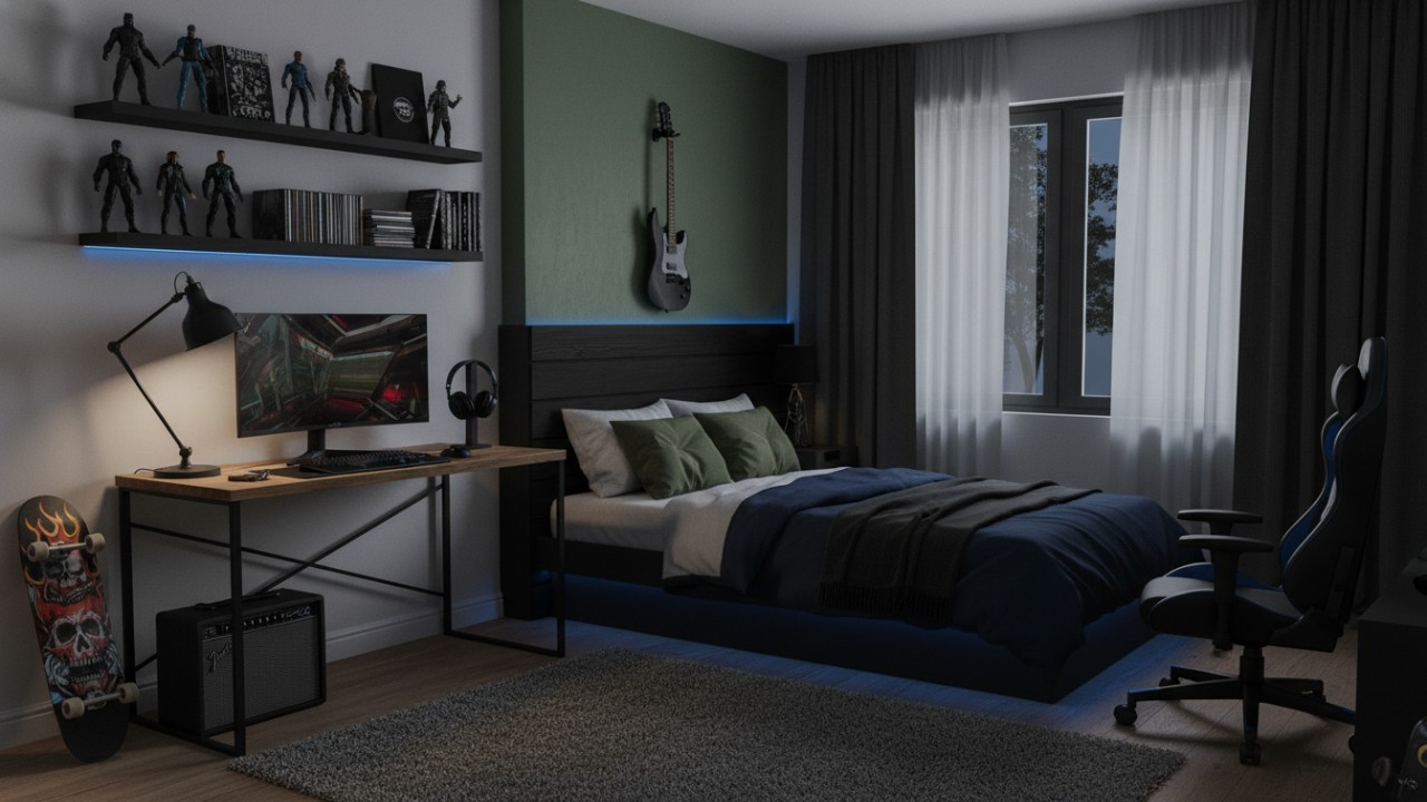 Kamar remaja laki-laki bernuansa gelap dengan lampu hangat dan material maskulin, simbol ruang pribadi yang matang.