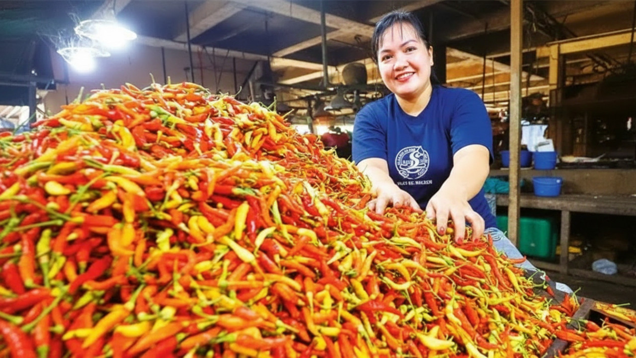 Lapak pasar tradisional Penajam dengan bawang, cabai, telur, dan ayam potong yang jadi sorotan kenaikan harga jelang Nataru