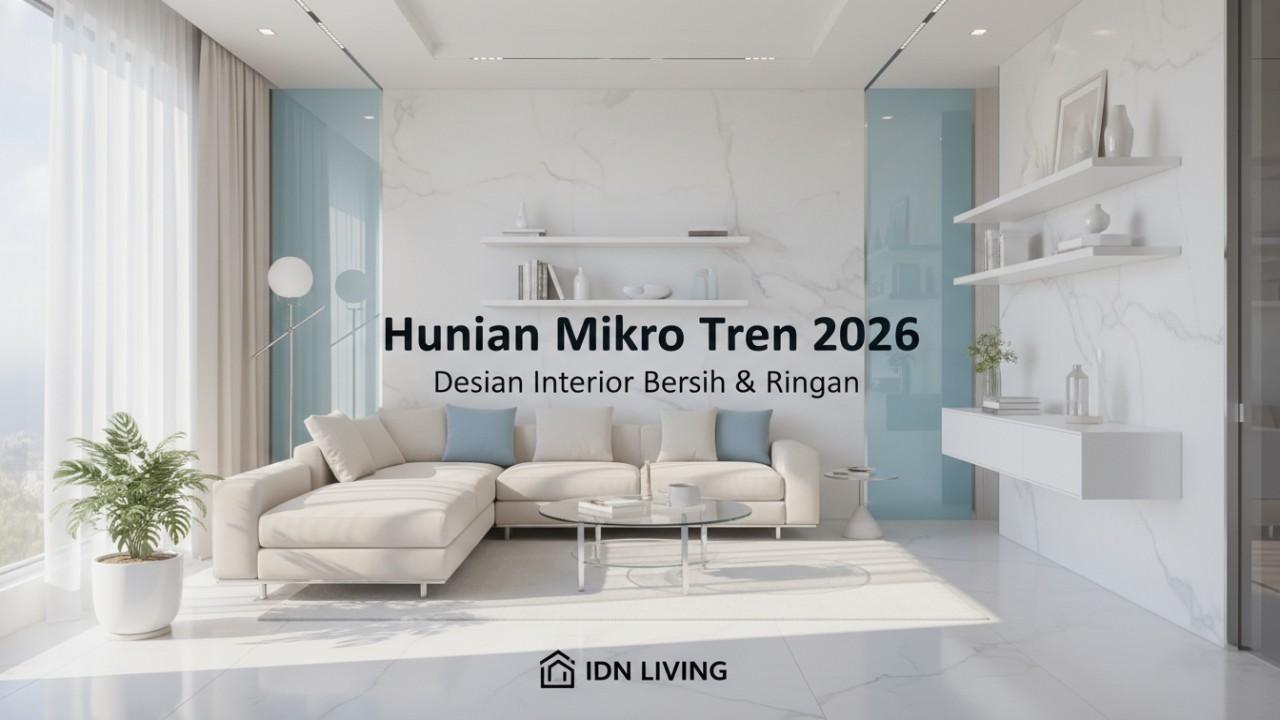 Tampilan hunian mikro modern dengan desain terang dan ruang kerja terintegrasi, simbol gaya hidup urban 2026.