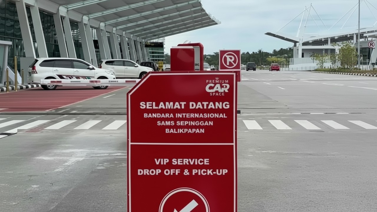 Bandara SAMS Sepinggan Balikpapan saat Nataru dengan terminal aktif dan area parkir VIP di depan gedung utama.