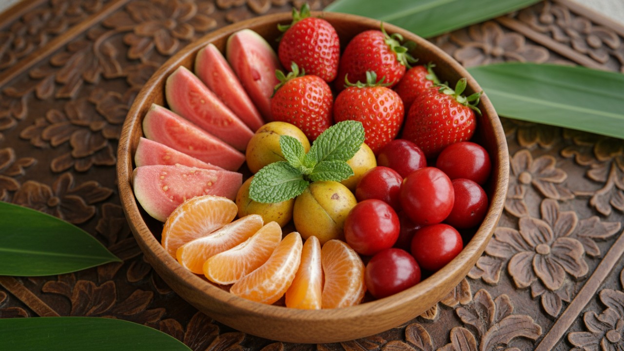 Aneka buah segar kaya vitamin C seperti jeruk, stroberi, jambu biji, kakadu plam, dan arecola cherries tersaji cerah, sumber alami kesehatan tubuh.